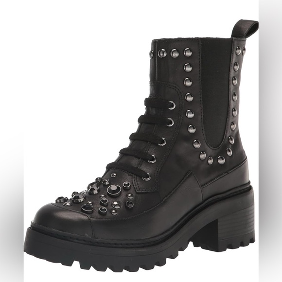 NEW $229 Karl Lagerfeld Women’s Breck Leather Zip Studded Combat Boots Black 6 - Picture 1 of 4
